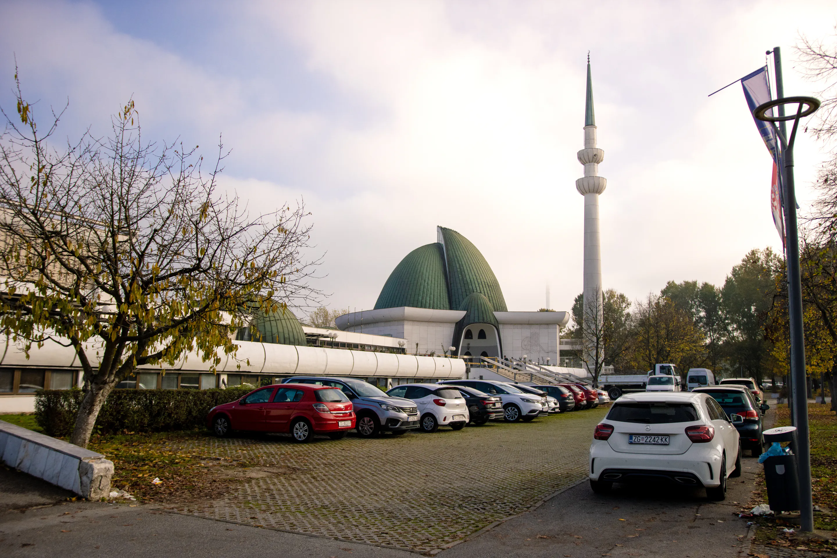 Green scalloped domes and a white minaret behind the parking lot's bare tree